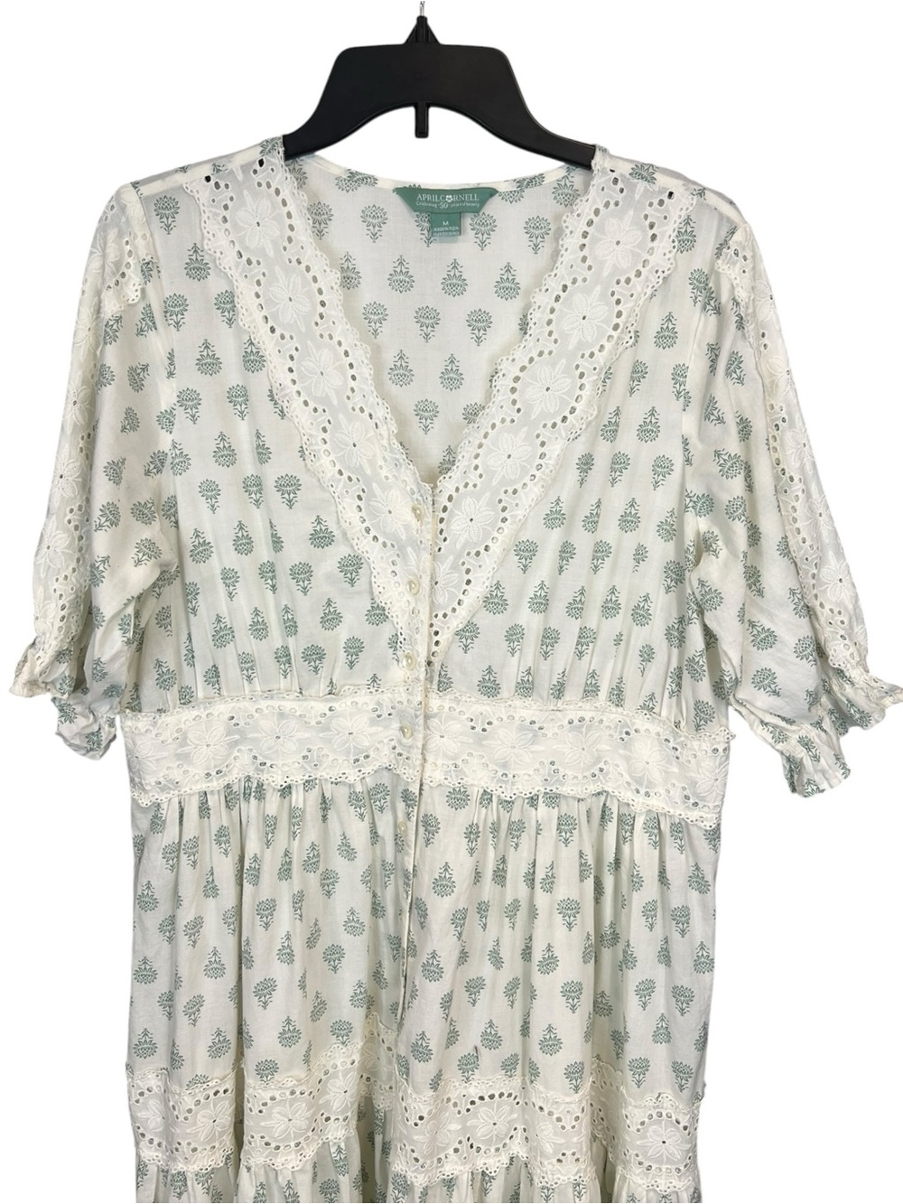 April Cornell Prairie floral cottagecore maxi Dress tiered lace inserts medium - Picture 3 of 14